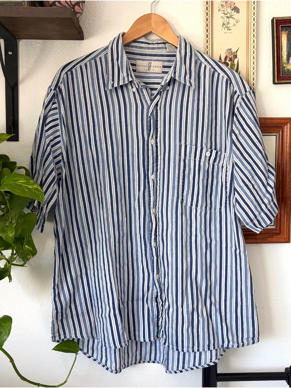 Vintage River Trader Striped Blue and White Cotton Short Sleeve Shirt Men Large